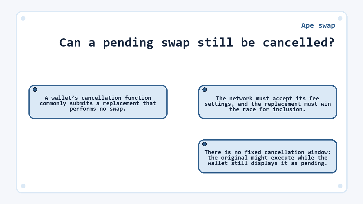 Can a pending swap still be cancelled?: A wallet’s cancellation function commonly submits a replacement that performs no swap.; The network must accept its fee settings, and the replacement must win the race for inclusion.; There is no fixed cancellation window: the original might execute while the wallet still displays it as pending.